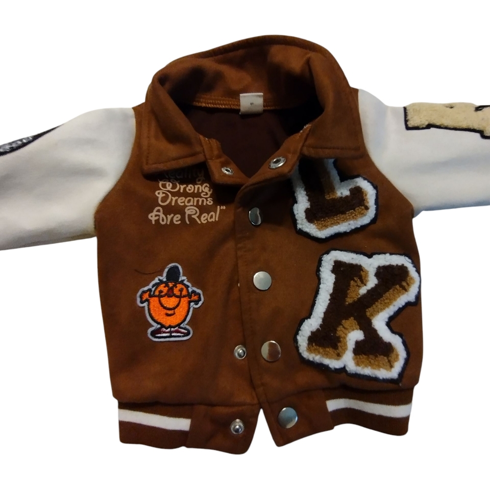 EUC Brown and White Varsity Bomber Jacket with Patches 6-9 Months Like New!